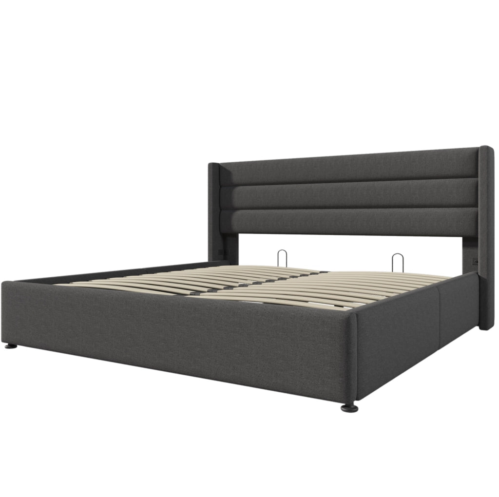 Letto imbottito contenitore idraulico 140x200 cm in lino grigio