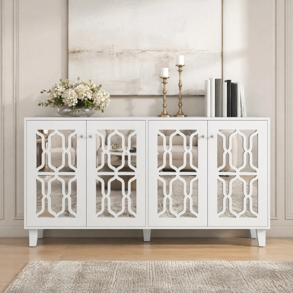 CREDENZA 160x40x84 cm bianca con 4 ante superficie a specchio in MDF