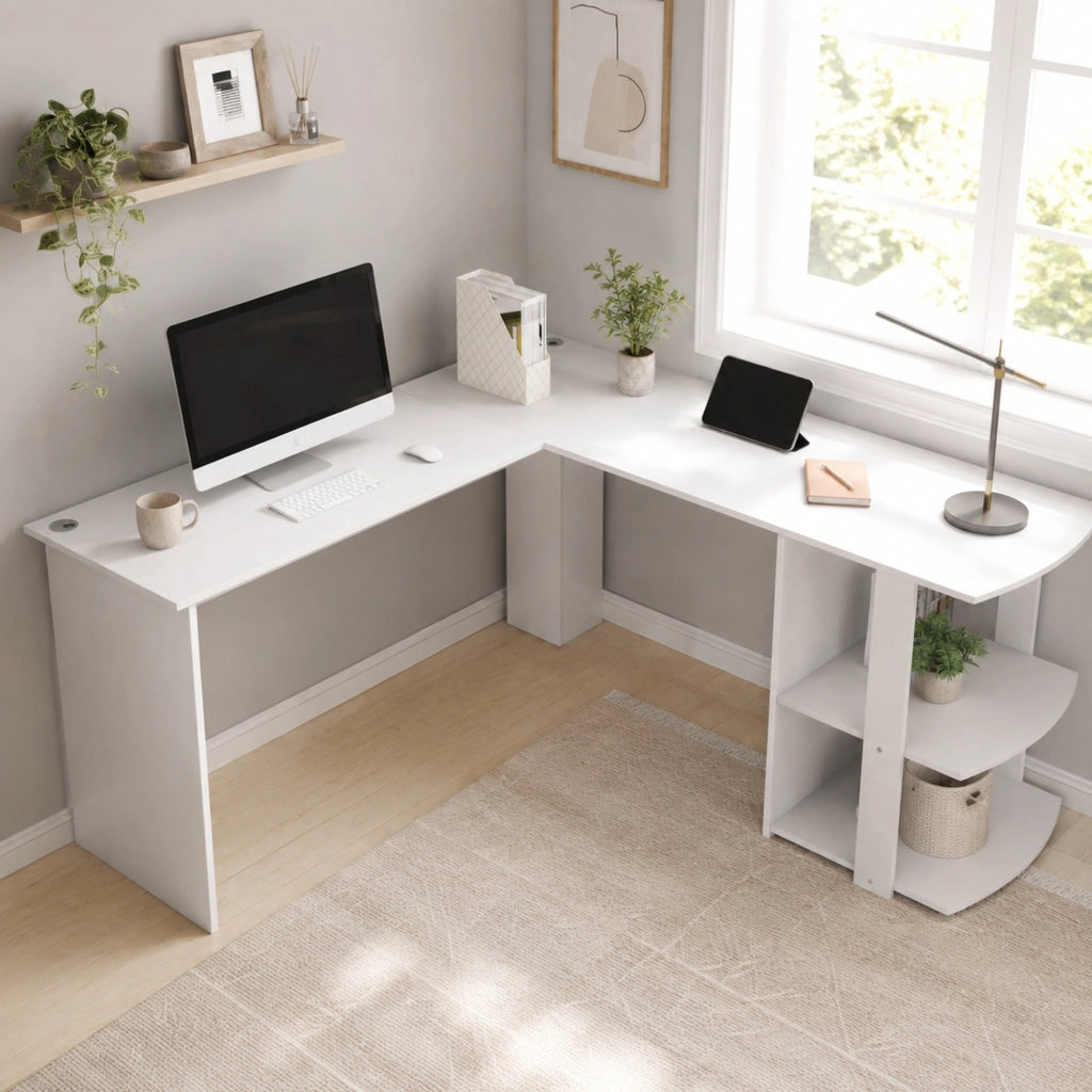 Scrivania angolare a L 140 x 140 cm bianca con 2 ripiani