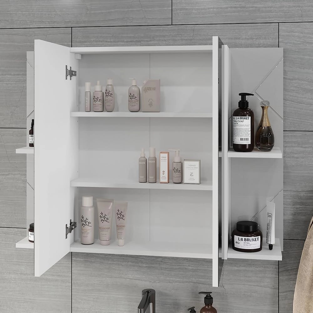 Mobile a specchio per il bagno Irma, Bianco/bianco lucido, 100 x 75 cm con 2 porte, con specchio e ripiani regolabili