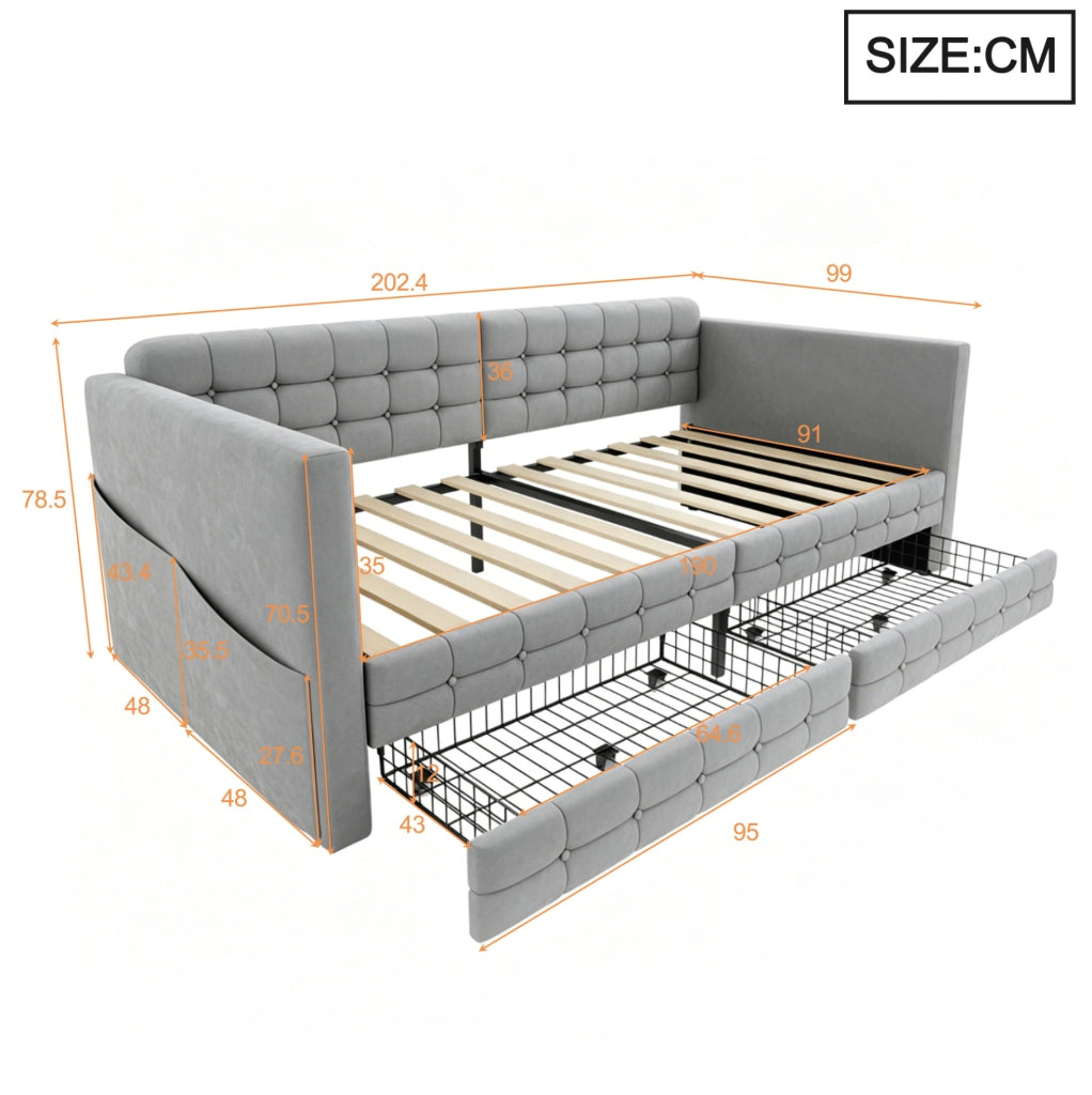 Letto imbottito 90x190 cm con 2 cassetti e tasche laterali in velluto grigio chiaro