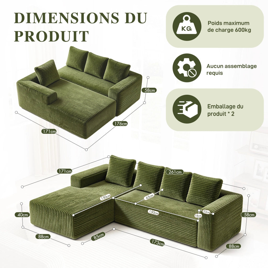 Divano angolare modulare reversibile con chaise longue e seduta profonda in velluto a coste verde 261 × 168 × 58 cm