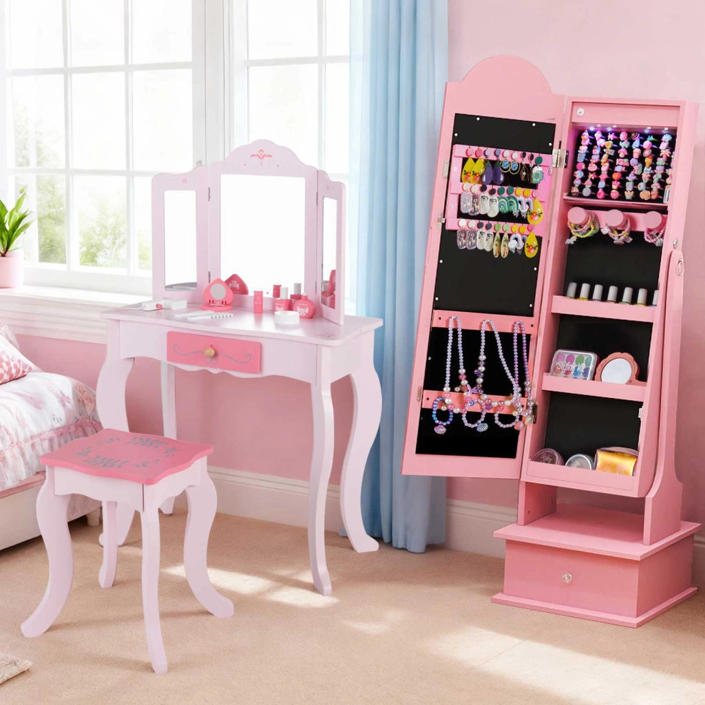 Armadietto gioielli bambini luci specchio figura intera 2 angoli inclinabili-Organizzatore armadio principessa camera sala giochi Rosa