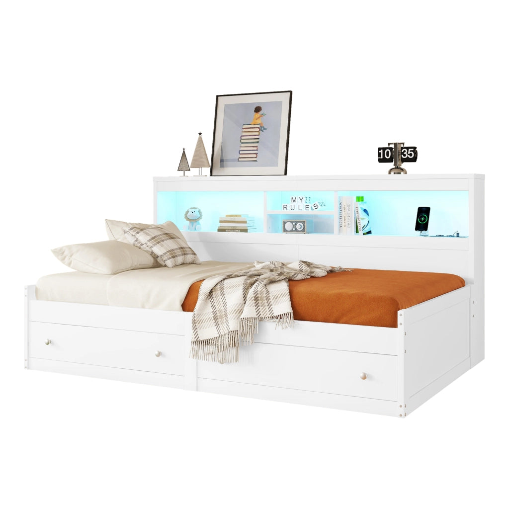 Letto singolo 90×200 cm con 2 cassetti; LED; 2 USB; ripiani; senza materasso; truciolare e MDF; bianco
