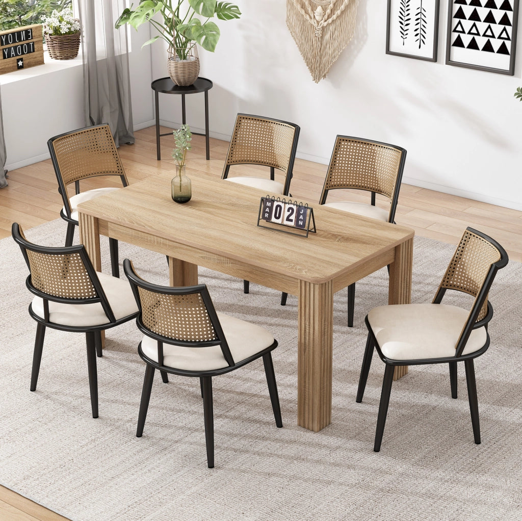 Set di 6 sedie da pranzo in rattan; seduta in PU; nere