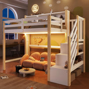 Letto alto 90x200 cm con illuminazione a LED e scaletta contenitore in pino bianco