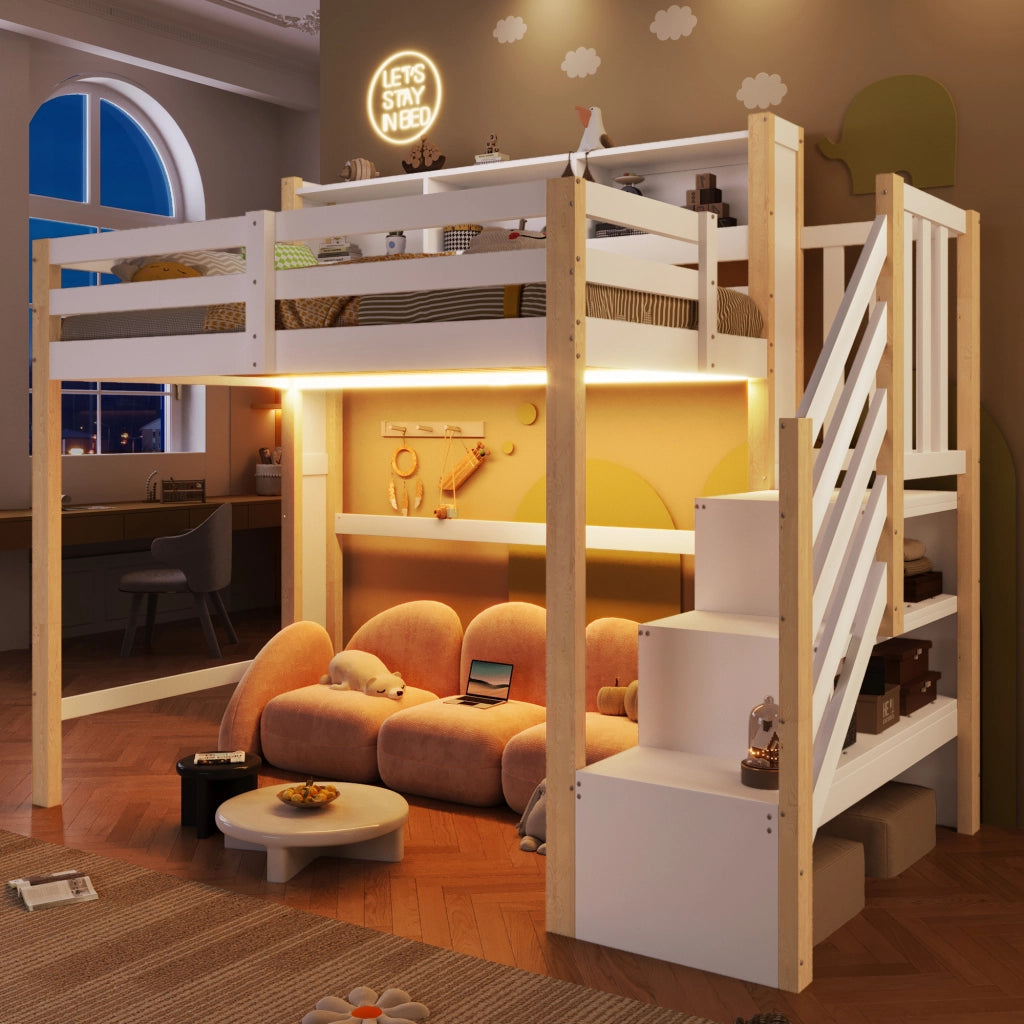 Letto alto 90x200 cm con illuminazione a LED e scaletta contenitore in pino bianco