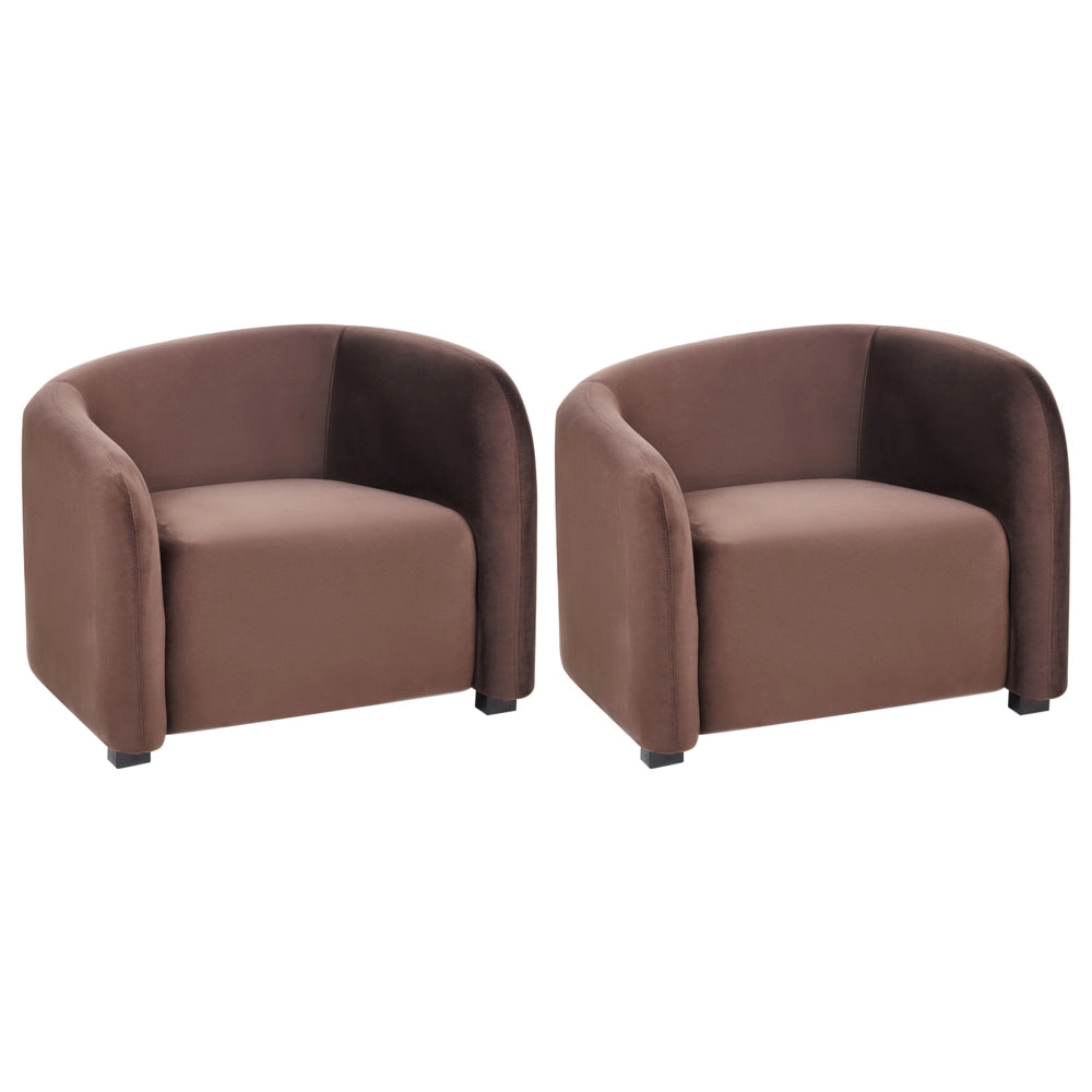 Set moderno ed elegante di 2 poltrone con schienale curvo e braccioli imbottiti in velluto marrone scuro
