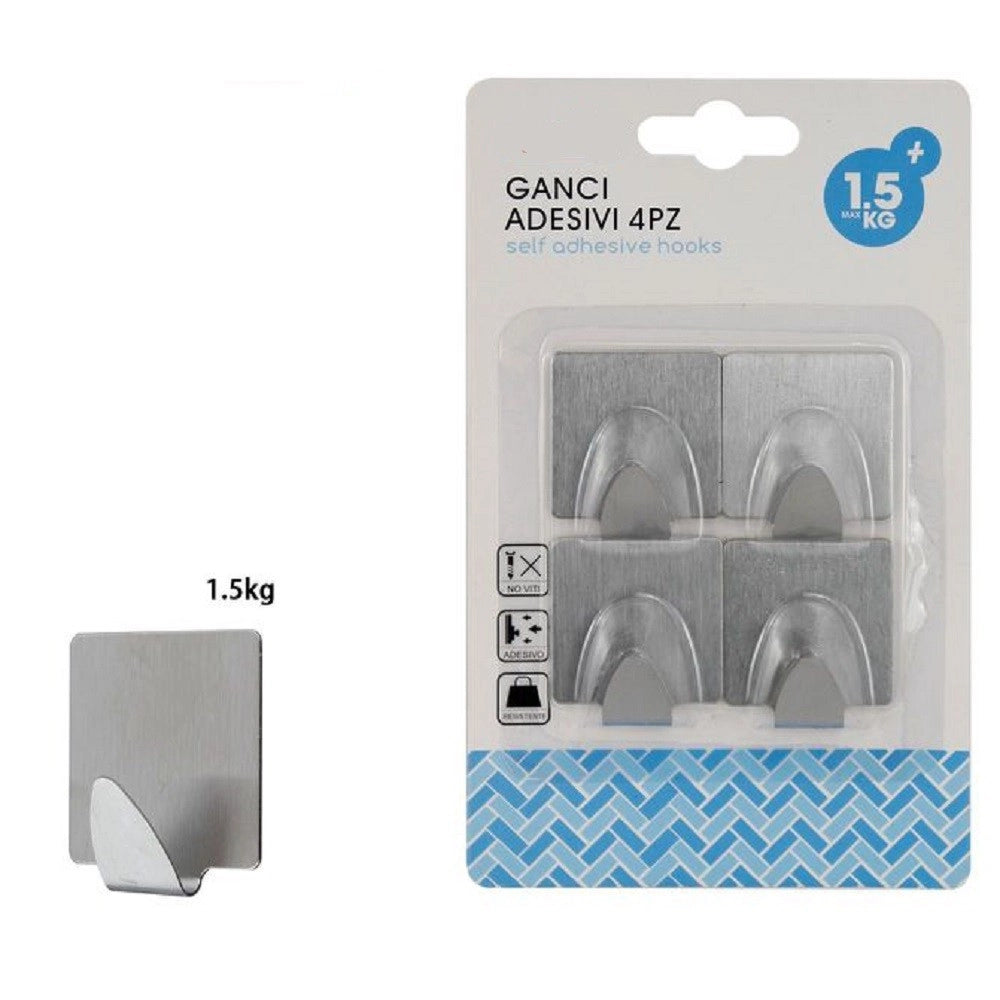 Trade Shop - Set 4 Pz Ganci Appendini Adesivi Parete Cucina Bagno Attaccapanni Quadrati 59663 -