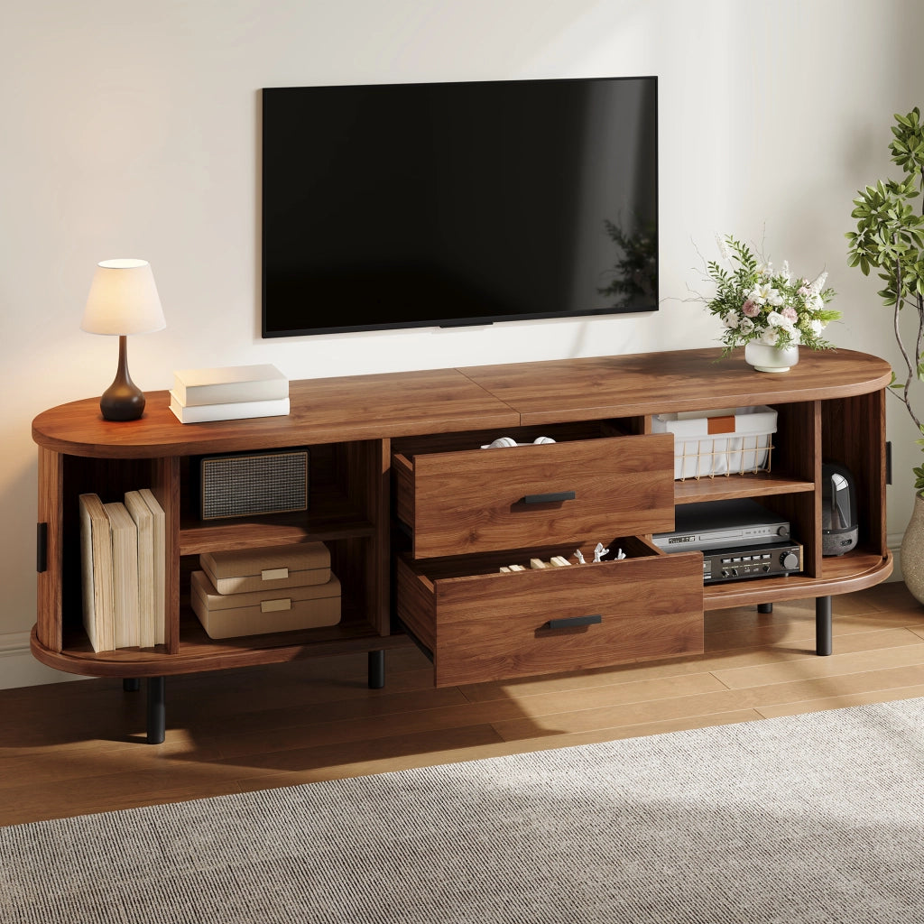Mobile TV con 2 porte scorrevoli; 2 cassetti e 5 piedi in metallo; vani aperti; per soggiorno; 160 × 40 × 55 cm