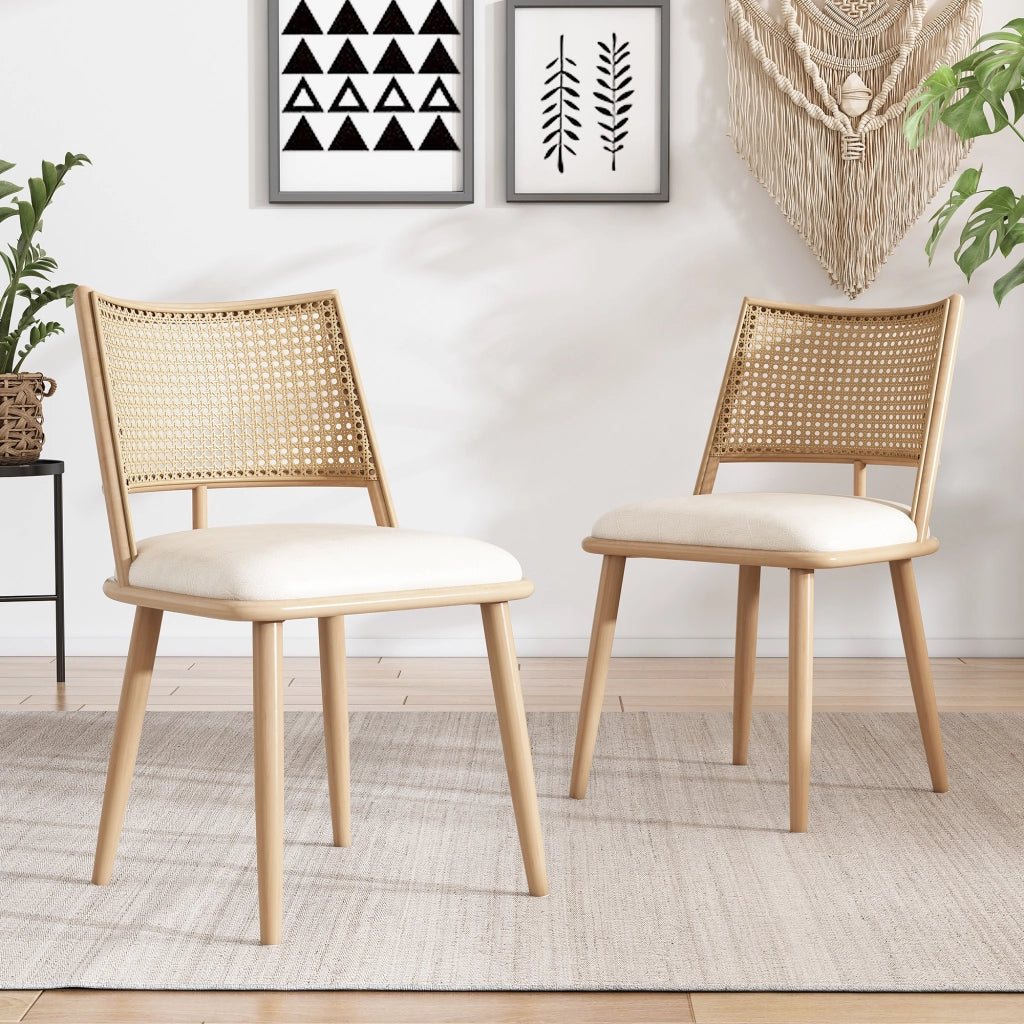 Sedia da sala da pranzo 2 pezzi con seduta in PU e schienale in rattan traspirante struttura in metallo beige