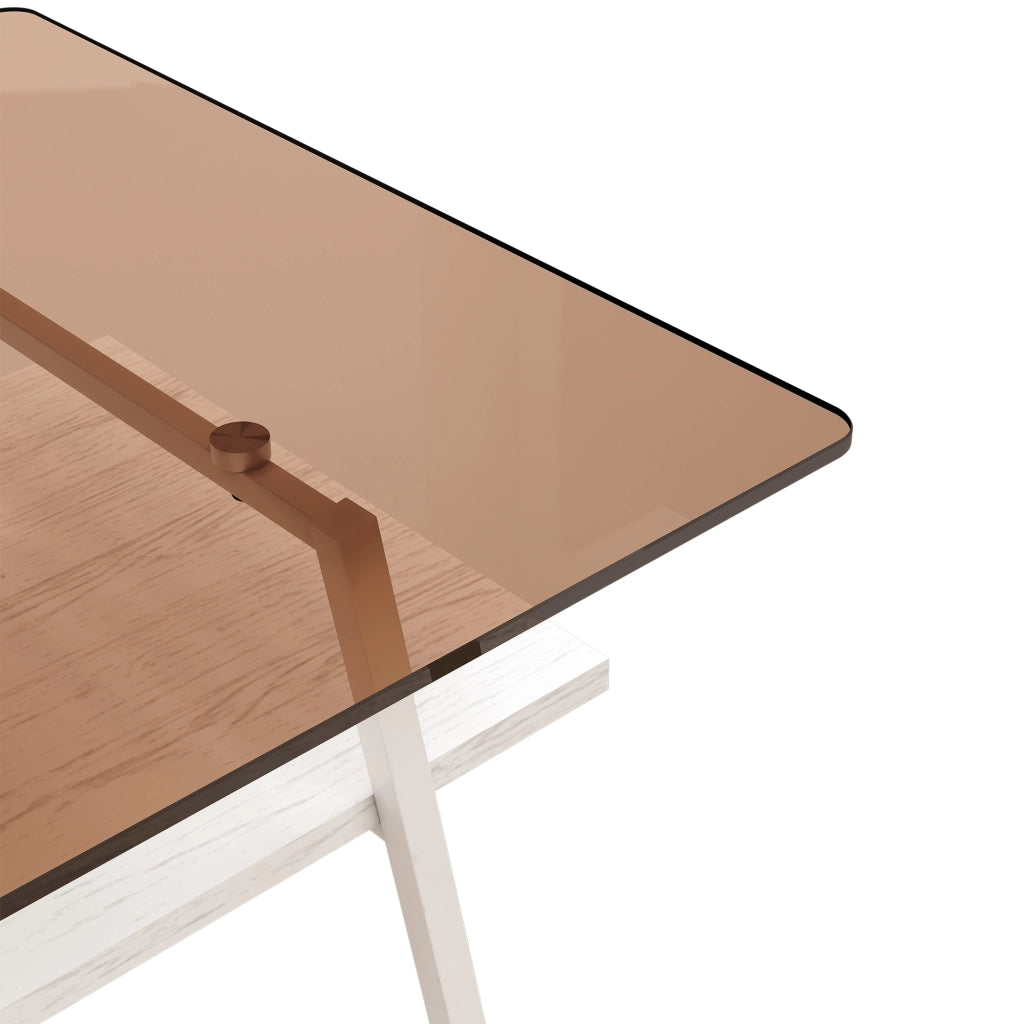Tavolino da salotto rettangolare in vetro temperato e MDF, colore marrone e bianco, 98 x 58 x 42,5 cm