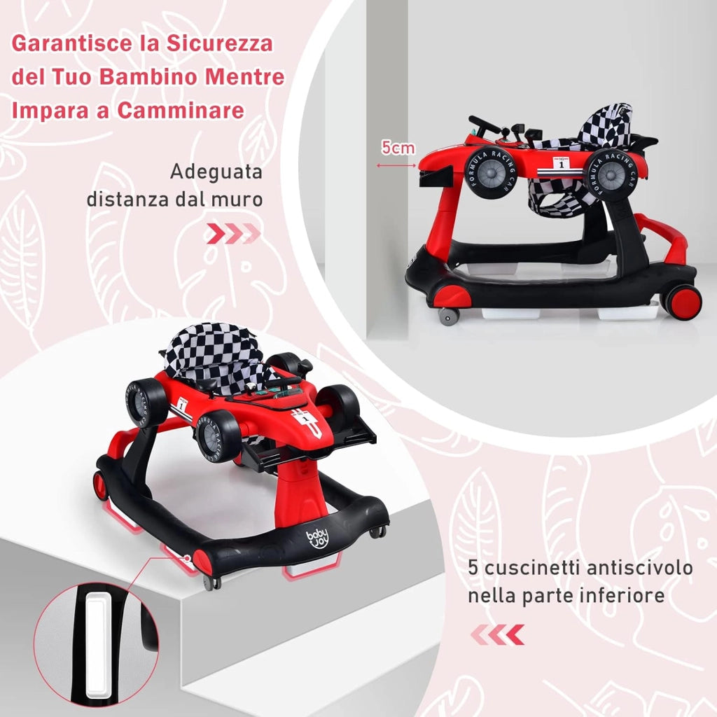 Girello per Bambini 4 in 1, Girello Pieghevole con Altezza e Velocità Regolabili, Carillon con Luci, Volante, Primi Passi per Bambini 6-18 Mesi, Portata 12 kg (Rosso)