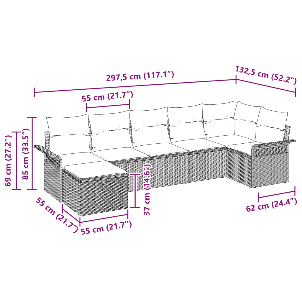 Set di divano da giardino con 7 pezzi e cuscini beige in poli rattan