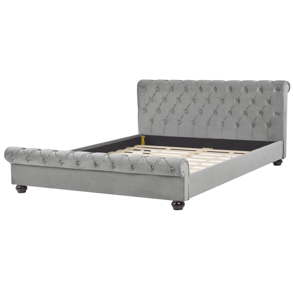 Letto matrimoniale Imbottito in Velluto di colore Grigio Chiaro con Rete a Doghe 180 x 200 cm