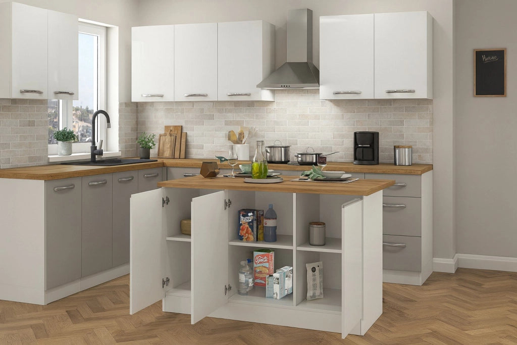 Isola da cucina Tartaro, Tavolo ausiliario portaoggetti, Mobile da cucina a 3 ante, 100% Made in Italy, 155x90h90 cm, Bianco lucido e Rovere