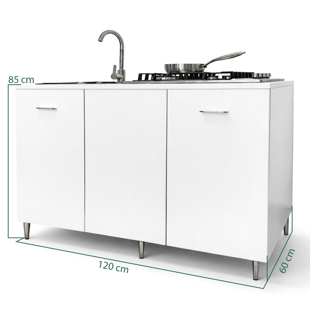 Cucina Completa 120x60 cm Bianco con Piano Cottura 4 Fuochi Lavello Rubinetteria