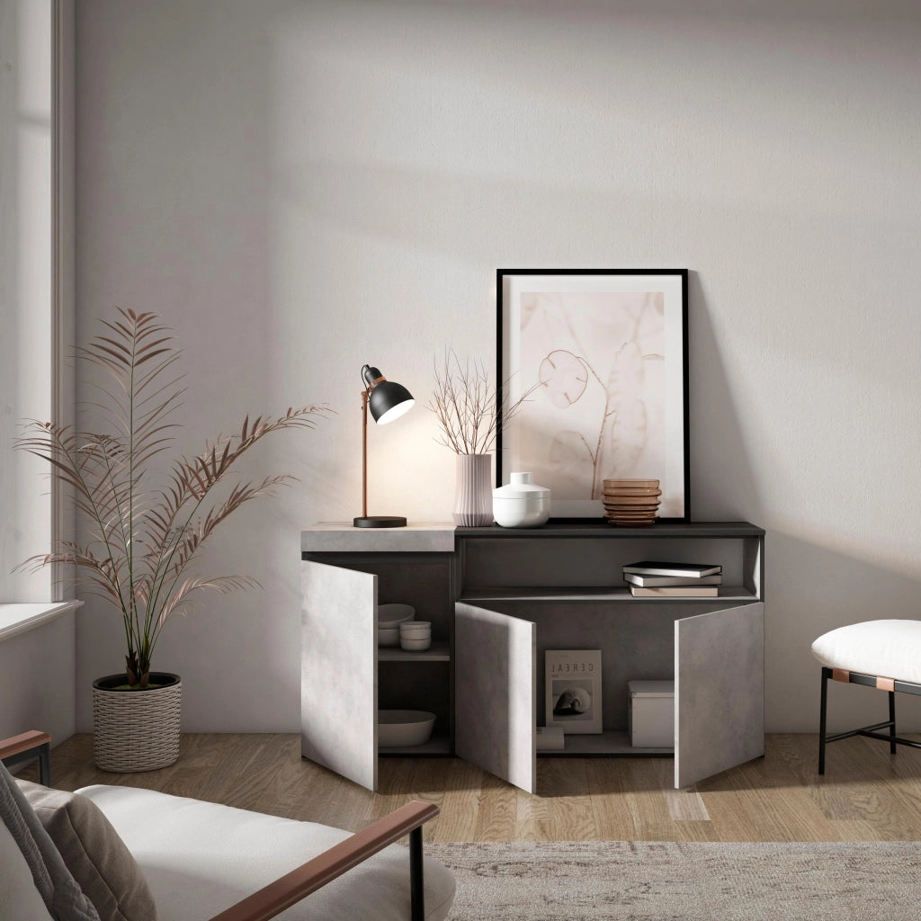 Credenza, Mobile, 150x35x75cm, 3 Porte, grande stoccaggio, grigio cemento RF2496