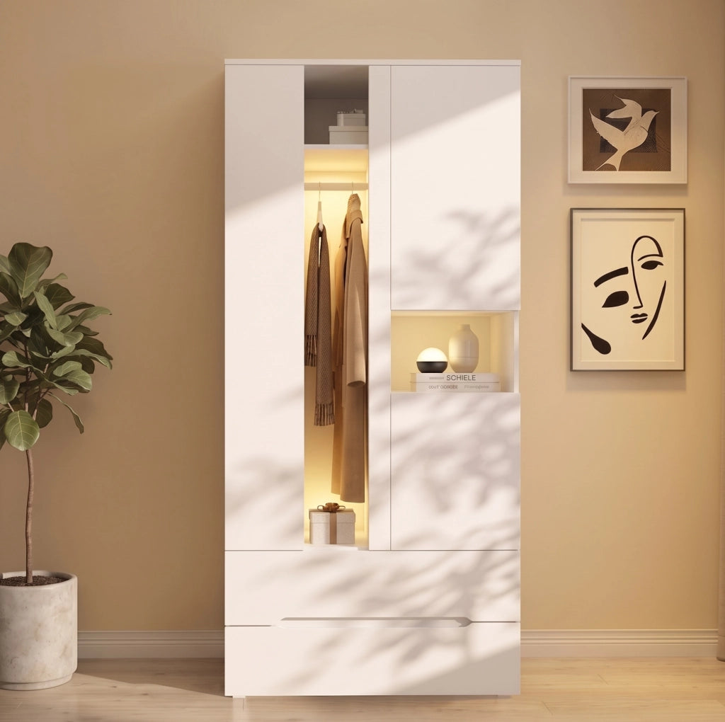 ARMADIO 3 ante con LED 90x50x200 cm Bianco MDF e vetro