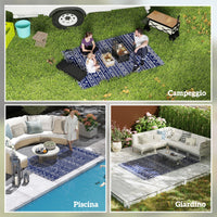 Tappeto da Esterno Reversibile 182x274 cm con Motivo Geometrico e Borsa Inclusa Blu e Bianco