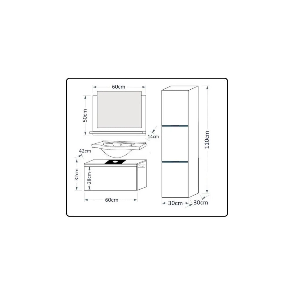 Set di mobili da bagno bianchi collezione OWL. Colonna, mobile sotto lavabo, specchio, sifone e led.