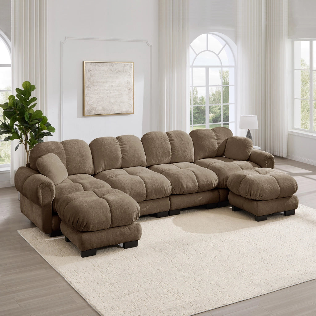 Divano modulare in ciniglia con pouf mobili 330×149×90 cm marrone