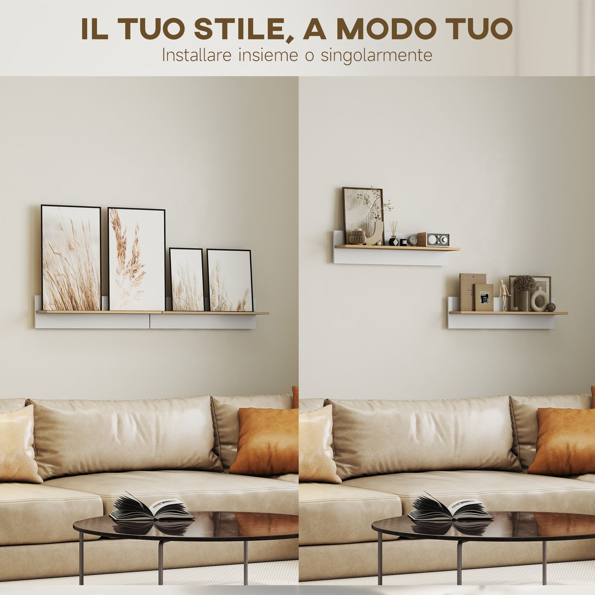 Set 2 Mensole da Parete 80x16,5x20 cm in Legno Bianco e color Legno