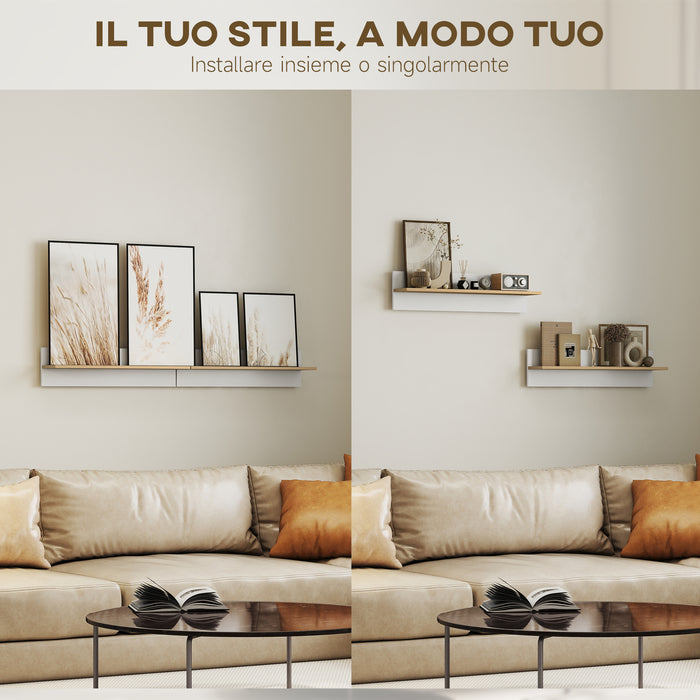 Set 2 Mensole da Parete 80x16,5x20 cm in Legno Bianco e color Legno