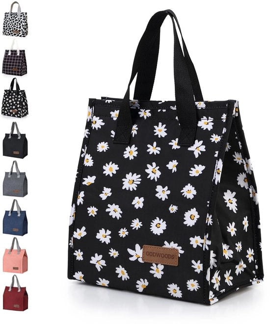 Lunchtas Geïsoleerde per Isolante per Donne/Signori - Grande Scatola per Picnic, Borsa Reutilizzabile per Ufficio, Spiaggia, Viaggi (Nero-Margherita)