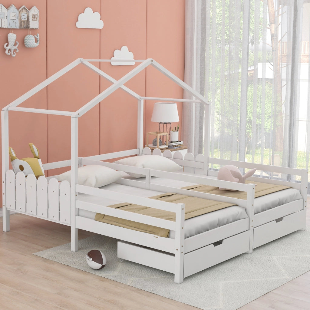 OKWISH Letto a Casetta 200×90 cm, Letto 2 Posti con 2 Cassetti, Sponde di Sicurezza e Design Diviso, senza Materasso, Bianco