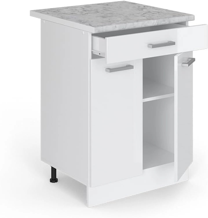Mobiletto base per cucina R-Line, Bianco lucido, 60 cm con cassetto PL Marmo, per la libera combinazione all'interno di sistemi cucina modulari