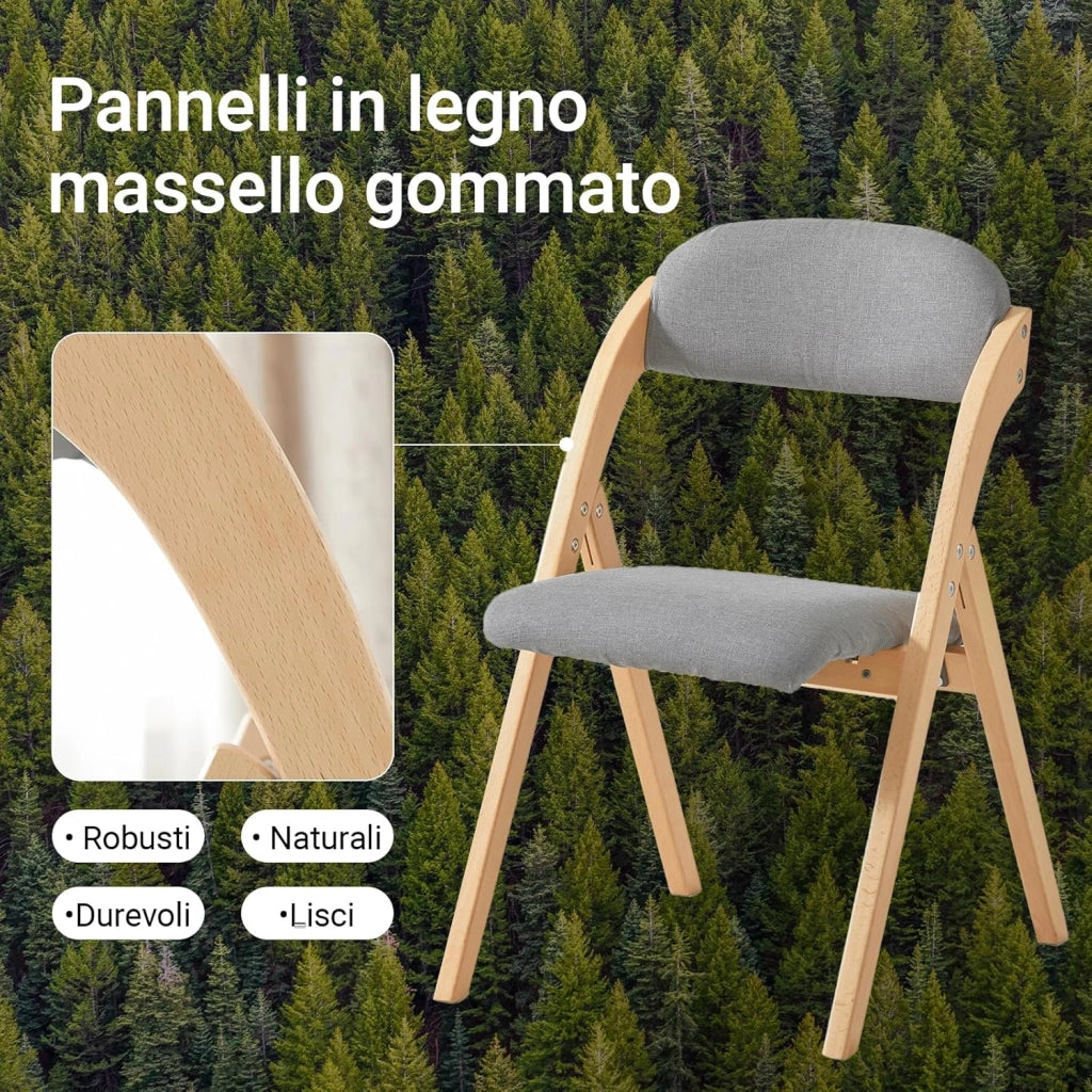 Sedia Pieghevole in Legno Set da 2 Poltrona Imbottita da Cucina, Sedie da Interno per Ufficio, Balcone, Giardino – Sedie Pieghevoli Salvaspazio Richiudibili in Faggio, Grigio Chiaro FST92-Nx2