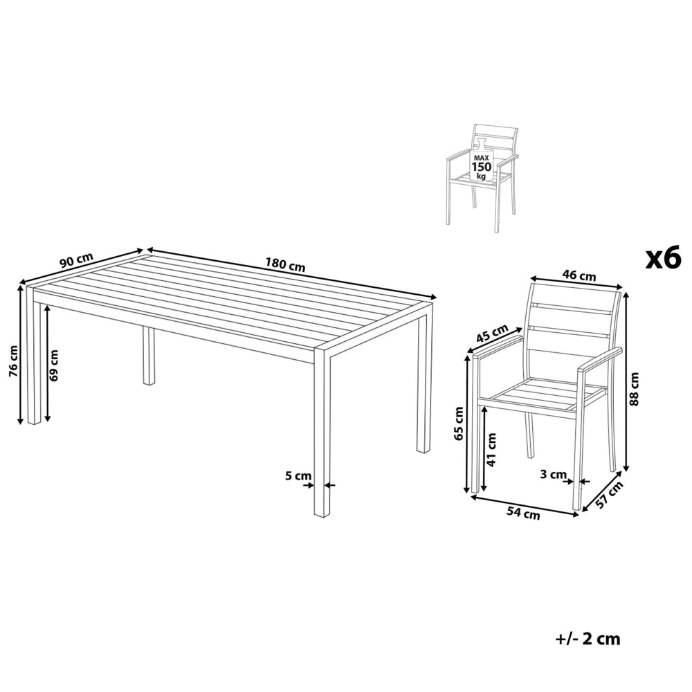 Set da Giardino 6 Sedie Tavolo Rettangolare Bianco in Legno e Alluminio Anodizzato