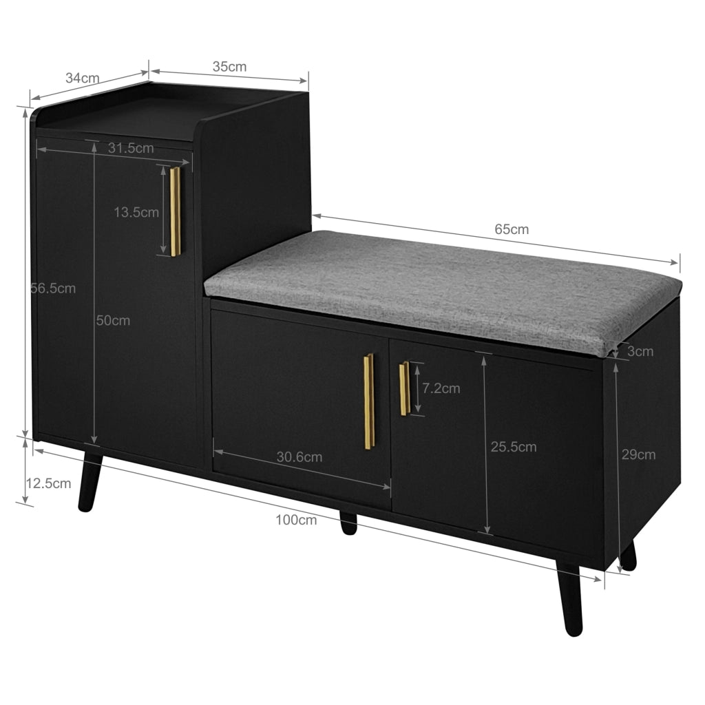 Panca scarpiera con seduta imbottita nera 100x34x68,5 cm in truciolare con ripiani regolabili e 3 ante