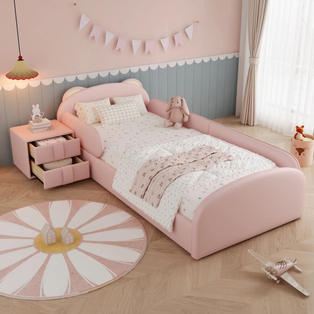 Letto Singolo Imbottito per Bambini con Comodino ¨C MINIMAL ¨C Velluto Rosa 90x200