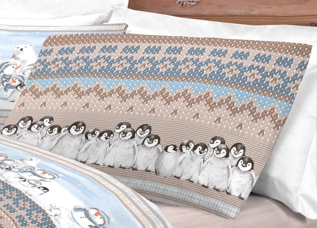 Completo Lenzuola Letto Pensieri Delicati 100% Cotone Dis. Inverno Polare - Matrimoniale - Beige
