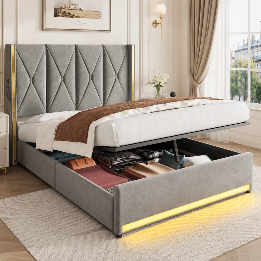 DESMIU Letto Contenitore 160 × 200 cm 2 Posti con USB, Type-C, LED e Contenitore, senza Materasso, in Velluto, Grigio Scuro