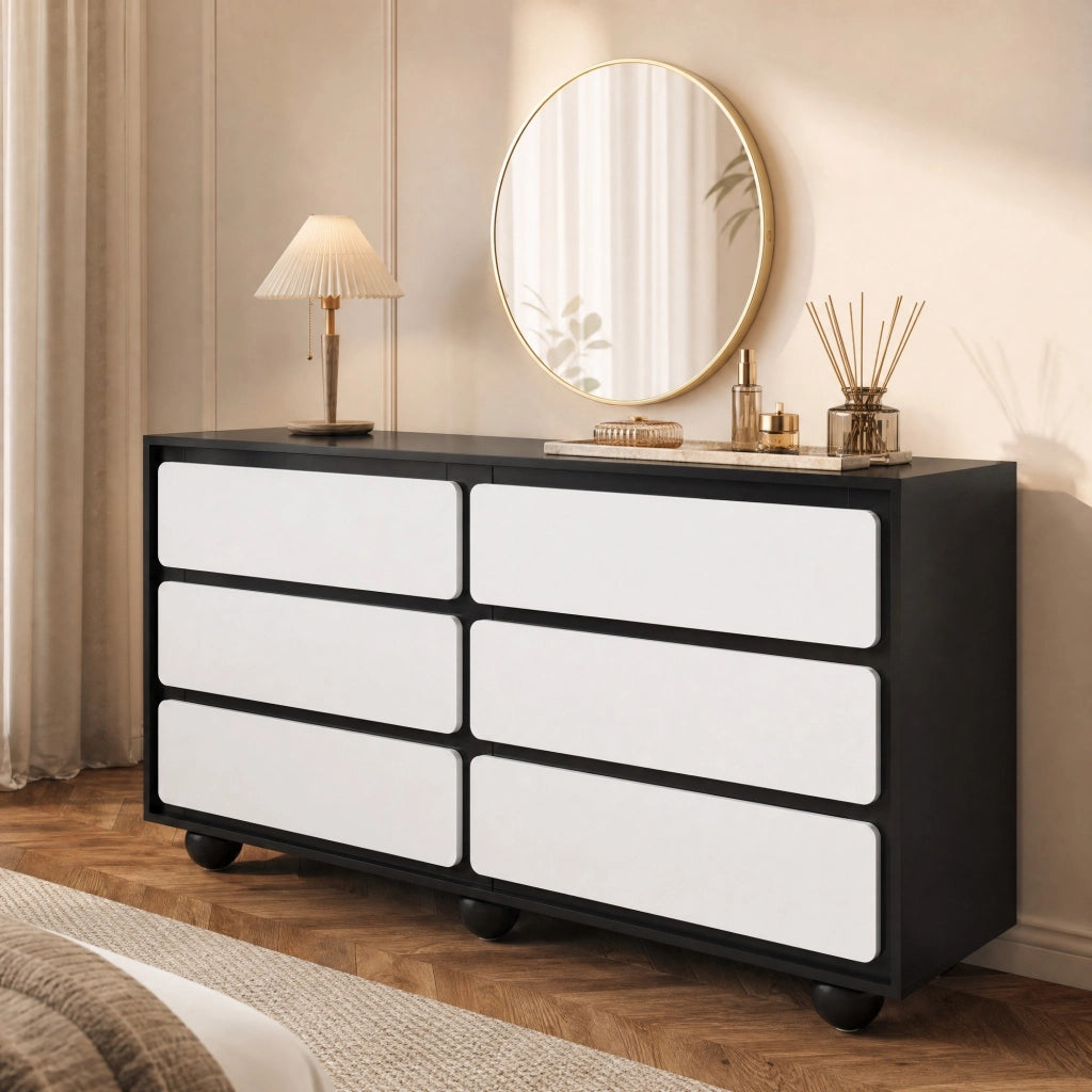 Comò 6 cassetti 140 × 38 × 74,5 cm, Bianco/Nero, in pannello di legno
