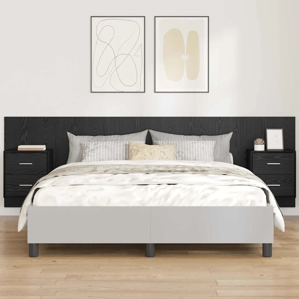 Testiera | Testata con Comodino 3 pcs Rovere Nero Legno multistrato