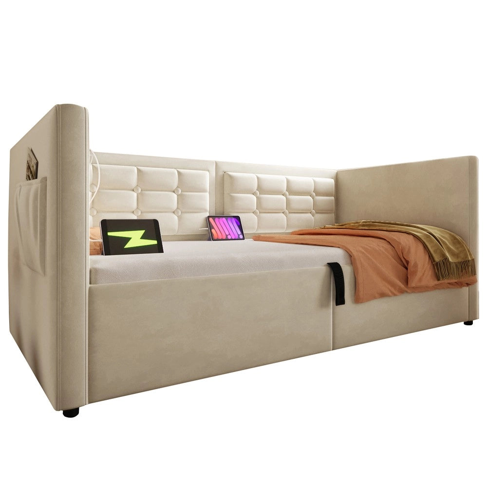 Letto Singolo Imbottito Contenitore ¨C MINIMAL ¨C Velluto Beige 90x200, Idraulico, USB