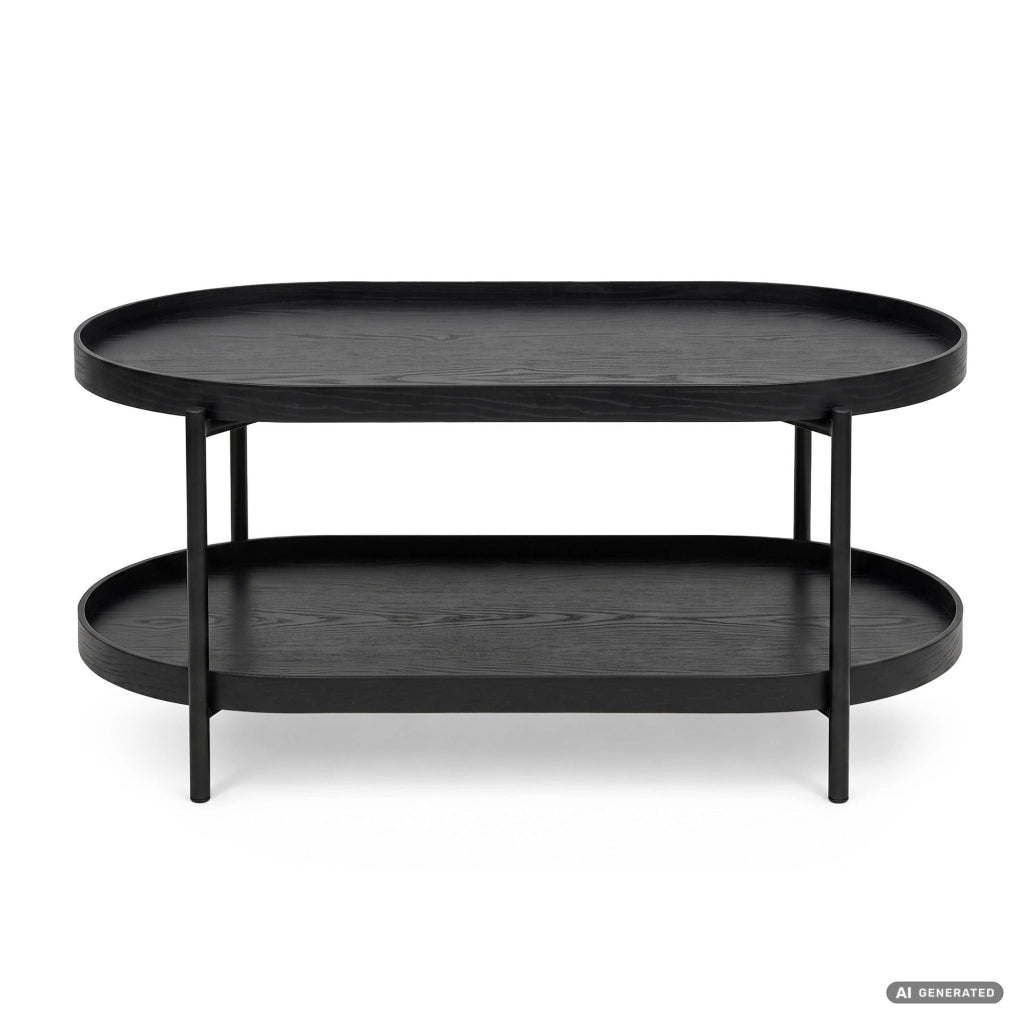 Tavolino da salotto stile loft CORTADO 90 cm ovale con ripiano nero gambe nere
