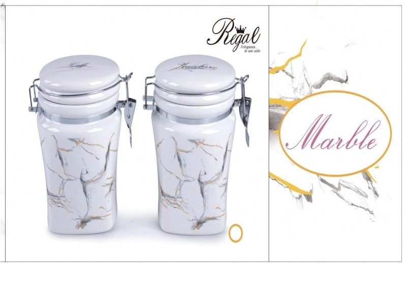Set 2 Bis Barattoli da Cucina in Ceramica Sale Fino e Sale Grosso Decoro Marble