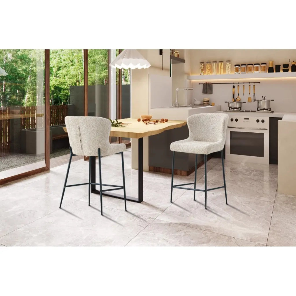 Sedia da bancone LISE - Tessuto bouclé beige - Gambe in metallo nero - Stile design/industriale