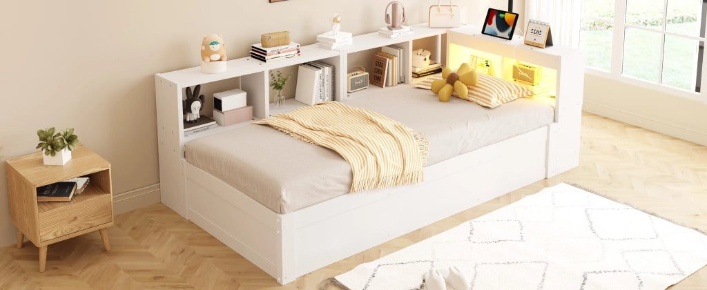 DESMIU Lit semplice 90 × 200 cm 1 posto con presa multifunzione, LED e vani portaoggetti, senza materasso, in MDF, bianco