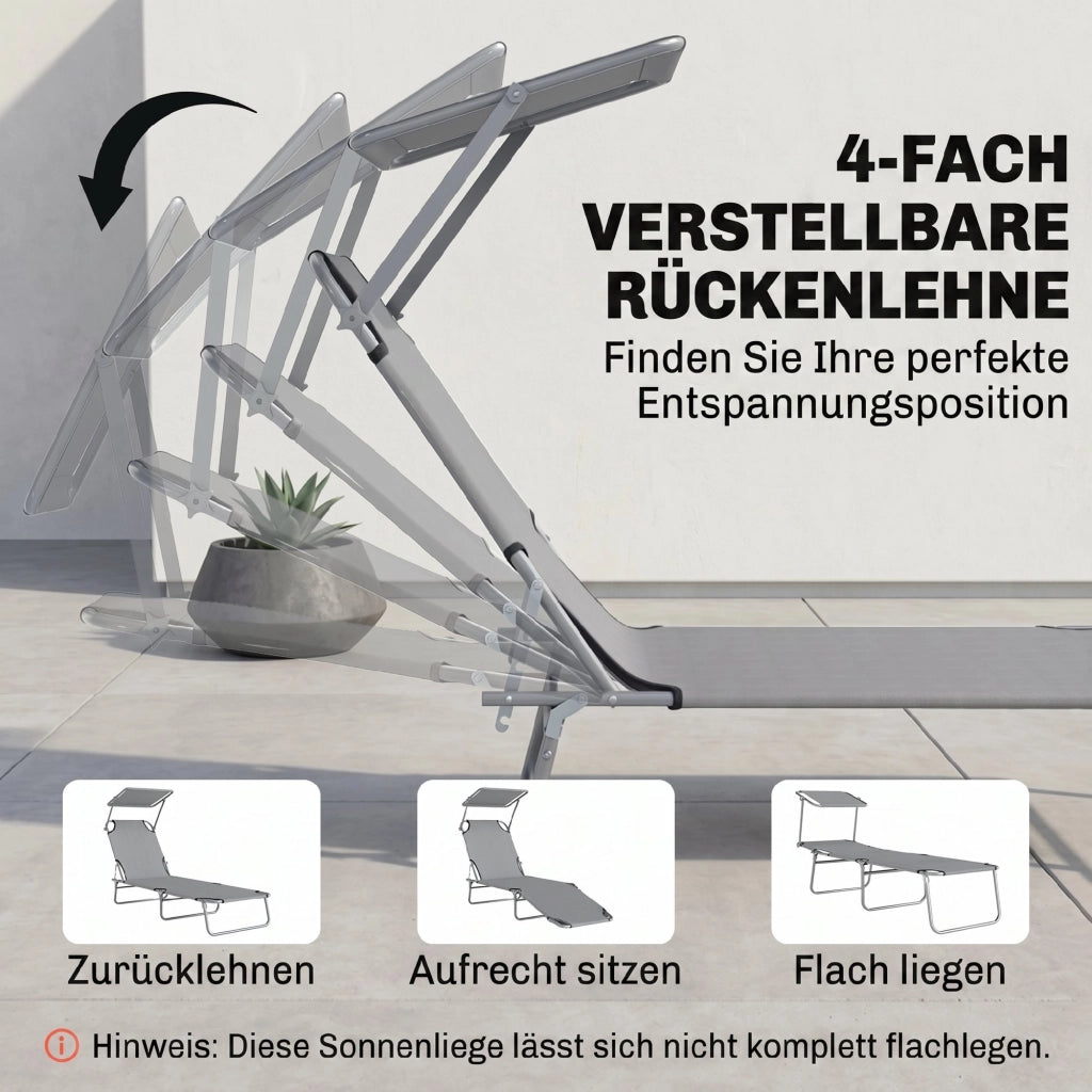 Lettino da giardino pieghevole con parasole ¨C zephmum ¨C grigio 187x58x36 cm