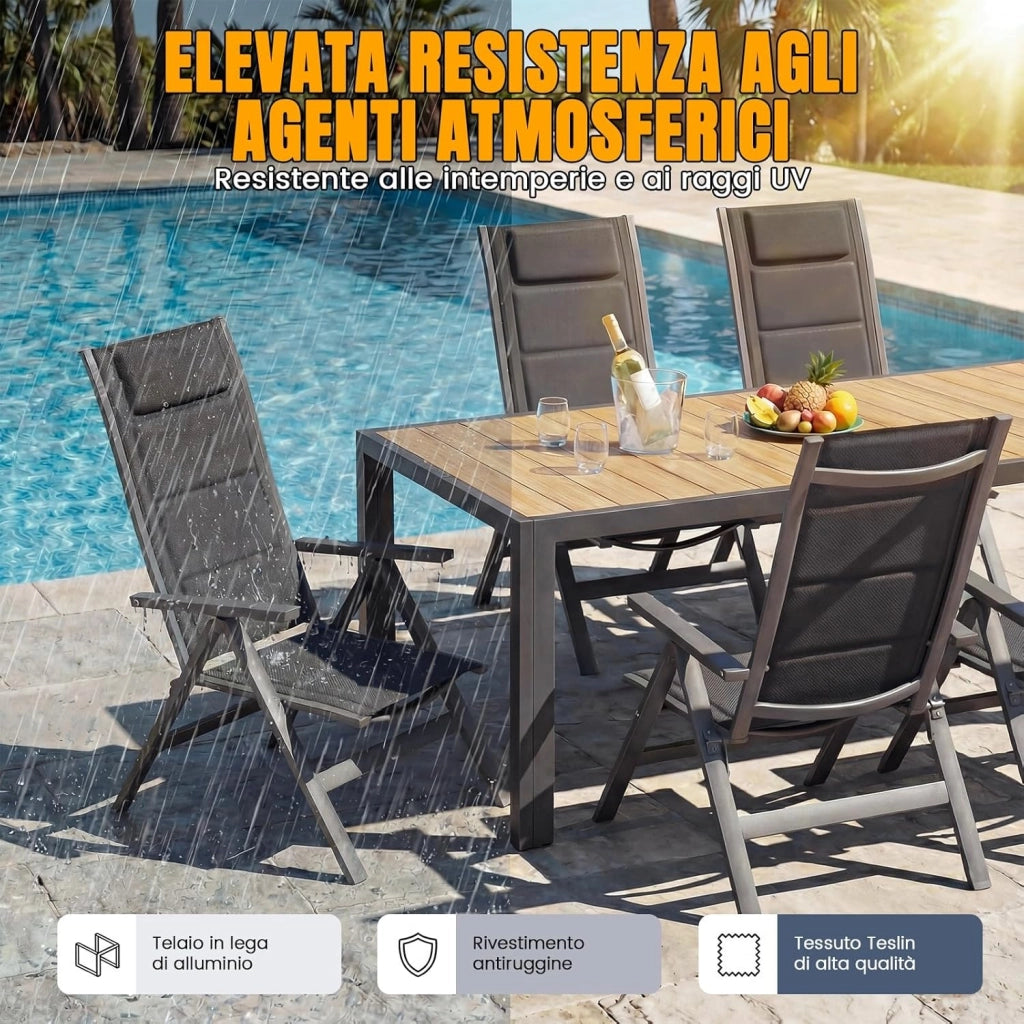 Set Tavolo e Sedie da Giardino 7 Pezzi, Composto da Tavolo 189 cm in Alluminio e 6 Sedie Pieghevoli, Tavolo da Giardino con Finitura a Vena di Legno con Sedie da Terrazza, Balcone, Naturale