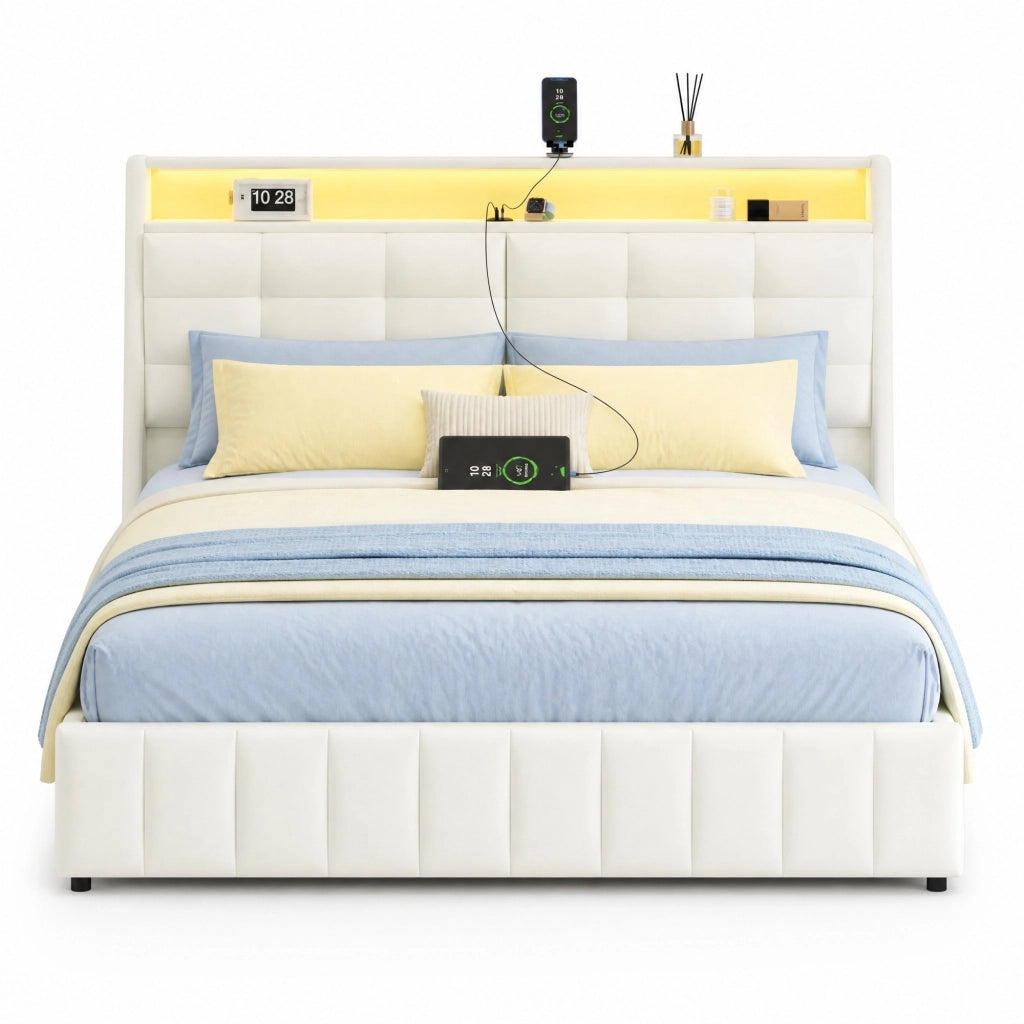 Letto piattaforma 160x200 con LED, USB e spazio contenitivo