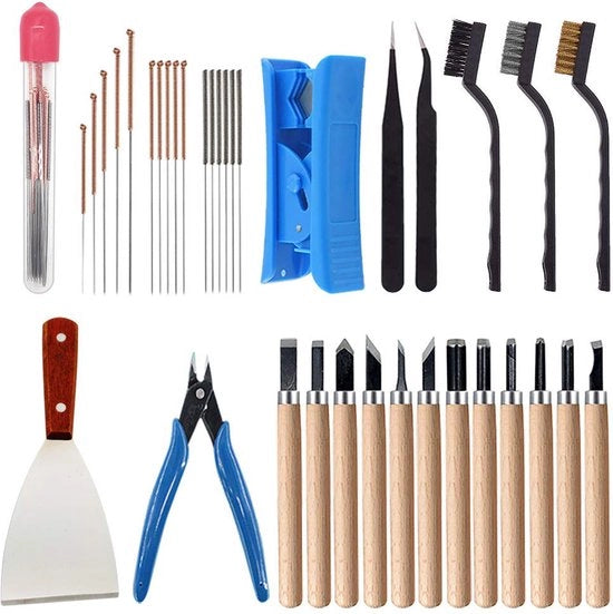 Set di Pulizia Nozzle 3D - Pulitore Spout - 0.2 mm Acciaio Inossidabile Aghi - Set di Pulizia Aghi - Pinza - Chiave - Spazzola di Filo di Rame - per Pulizia Nozzle 3D