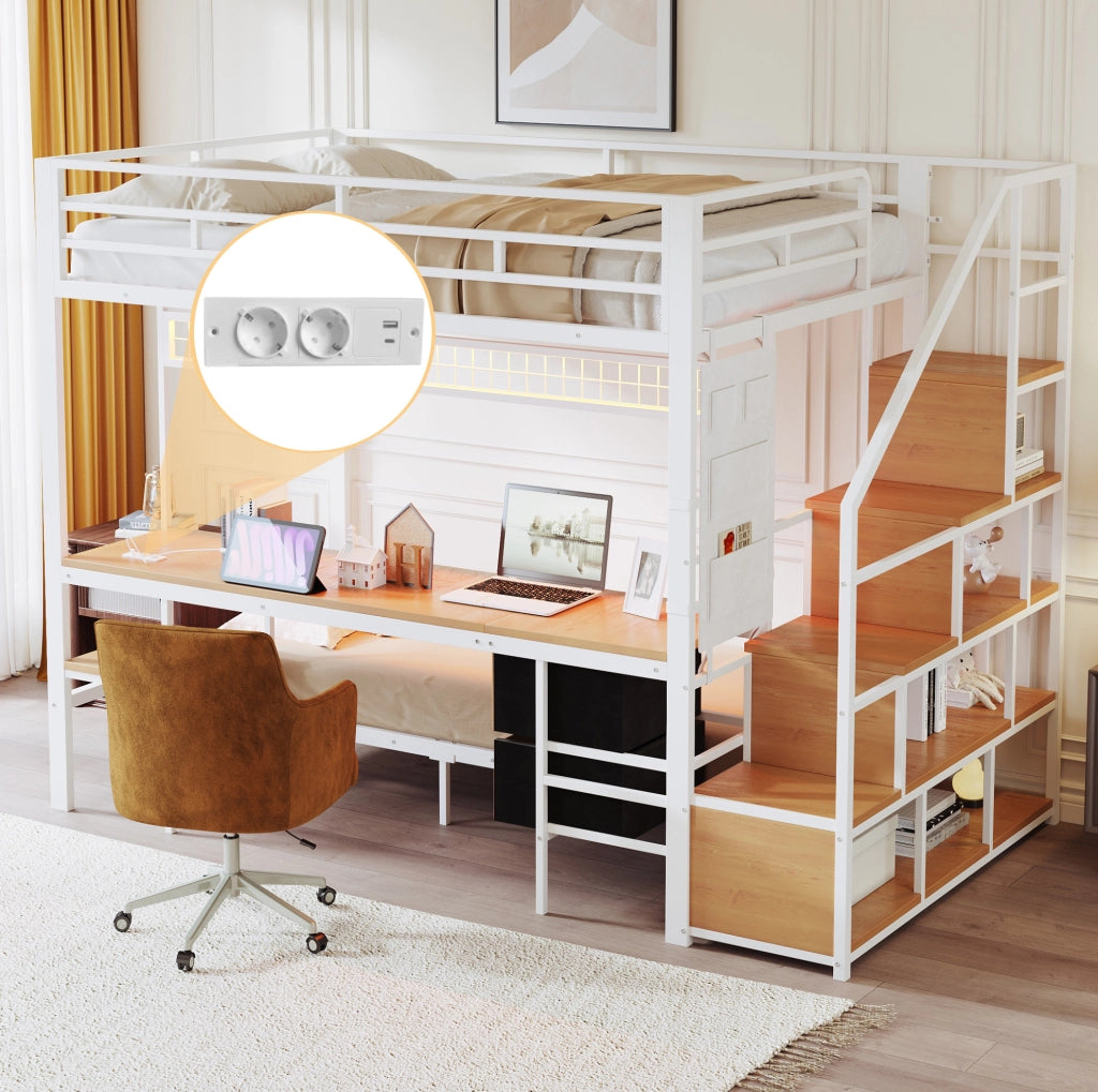 Letto a soppalco 140x200 cm con letto inferiore 90x200 cm; scrivania LED e prese; bianco