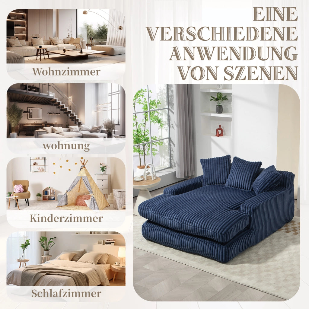 OKWISH Chaise Longue in Velluto a Coste, Design Ergonomico con 3 Cuscini e Seduta a Pavimento, Blu Navy 125 x 155 x 63 cm